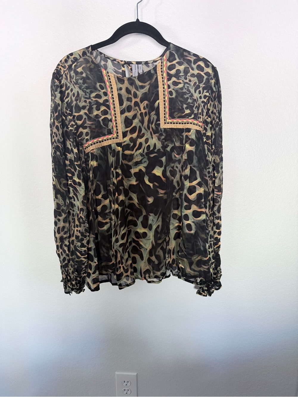 Leopard-Print Long Sleeve Blouse with Embroidered Yoke - Olive/Black